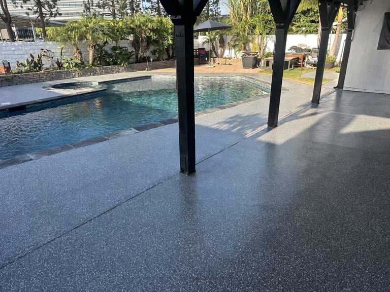 pool deck flake covered patio Orange County