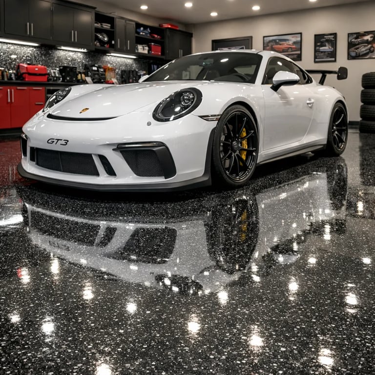 White Porsche 911 GT3 sports car in a luxury showroom with polished epoxy flooring and dark cabinetry