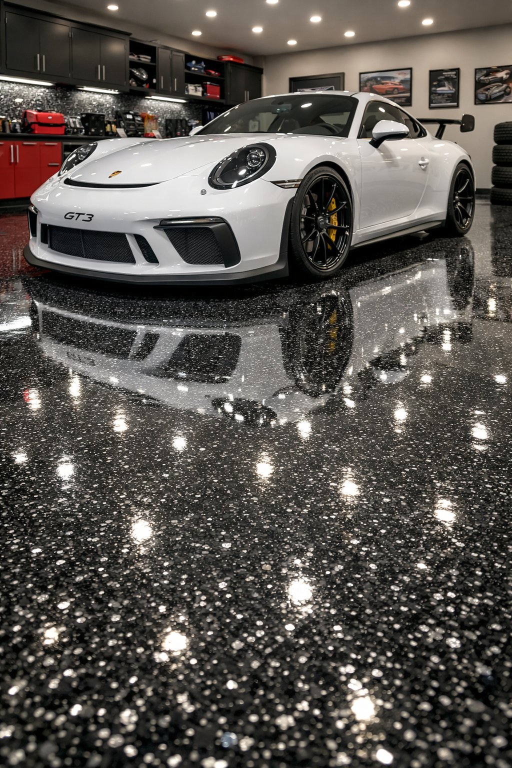 White Porsche 911 GT3 sports car displayed in a modern showroom with polished epoxy floor and recessed lighting